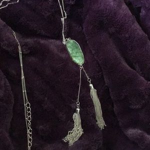 Long silver tone green stone necklace